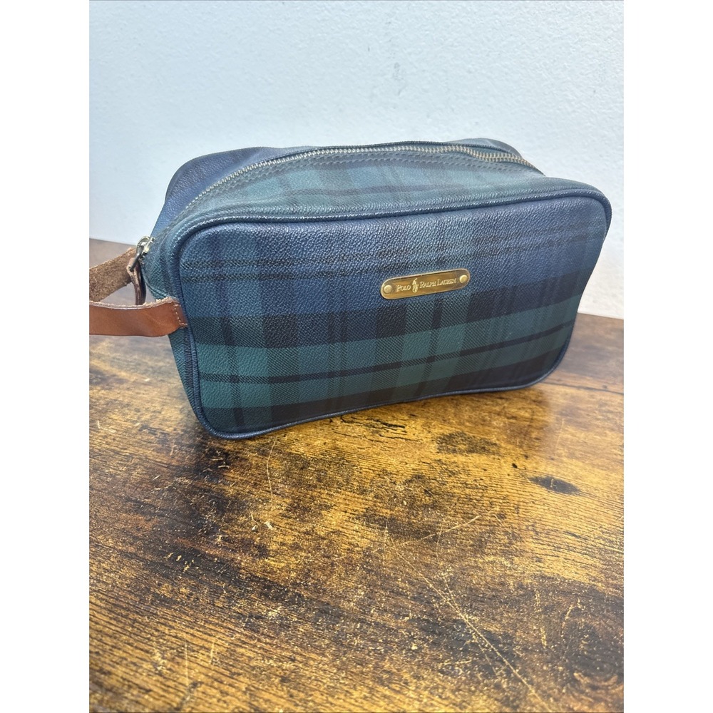 Vintage 80s Polo Ralph Lauren Tartan Plaid Toiletry Travel Clutch Bag Blue Green